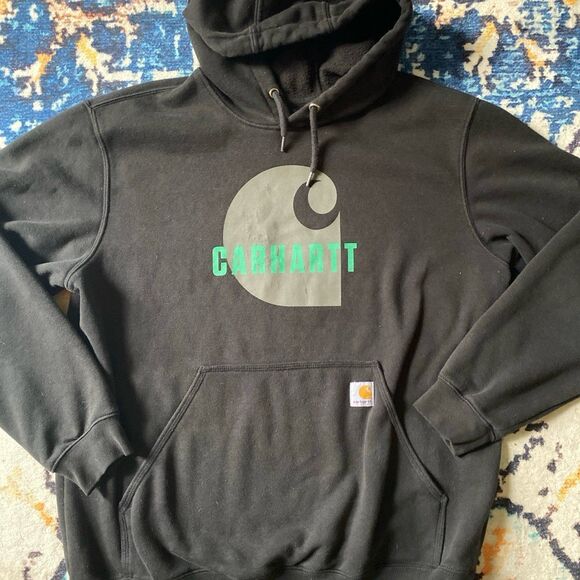 Vintage Carhart thick loose fit hoodie, large teal graphic rare y2k chore - Picture 4 of 6
